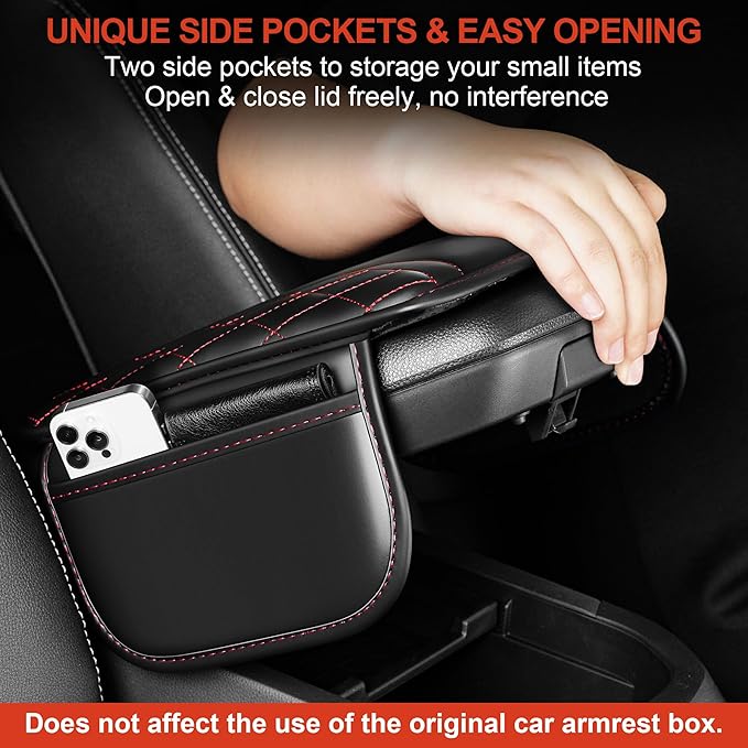 Center Console Cover Fit for Kia Soul 2010-2025 with 2 Storage Bags Waterproof Leather Quilted Pattern Car Armrest Cover Cushion Anti - Slip(002#Black&Red Line)