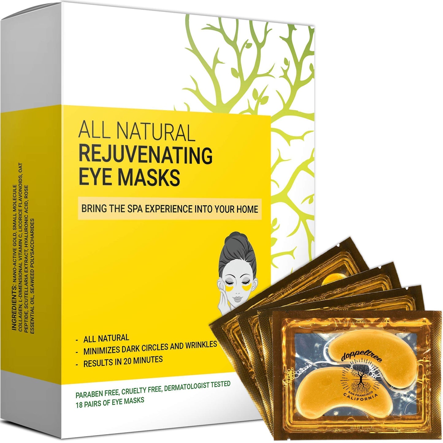 Under Eye Patches & Masks (18 Pairs) - All Natural Anti Aging Treatment for Bags, Puffiness, Wrinkles, & Dark Circles - 24K Gold