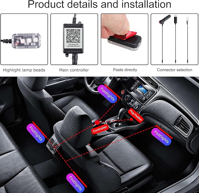 RGB Car Footwell Ambient Lighting Kit 16.7 Millions Colors Sound Active Music Sync APP Control Cigarette Lighter Car Interior Multicolored Footwell Atmosphere Light DC 12V