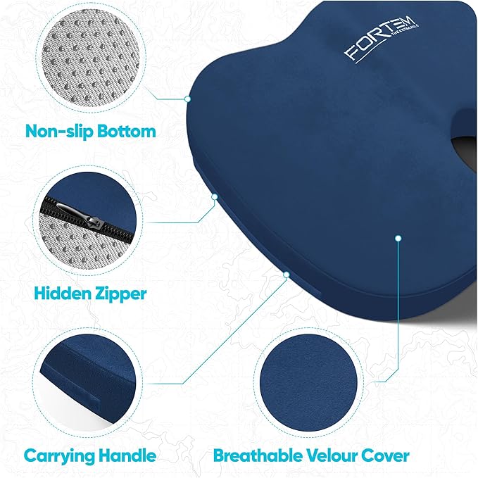 FORTEM Seat Cushion, Office Chair Cushion, Desk Chair Memory Foam, Sciatica Coccyx Tailbone Pain Relief, Pressure Relief, Sitting Pad, for Long Gaming & Sitting, Washable Cover, Non Slip