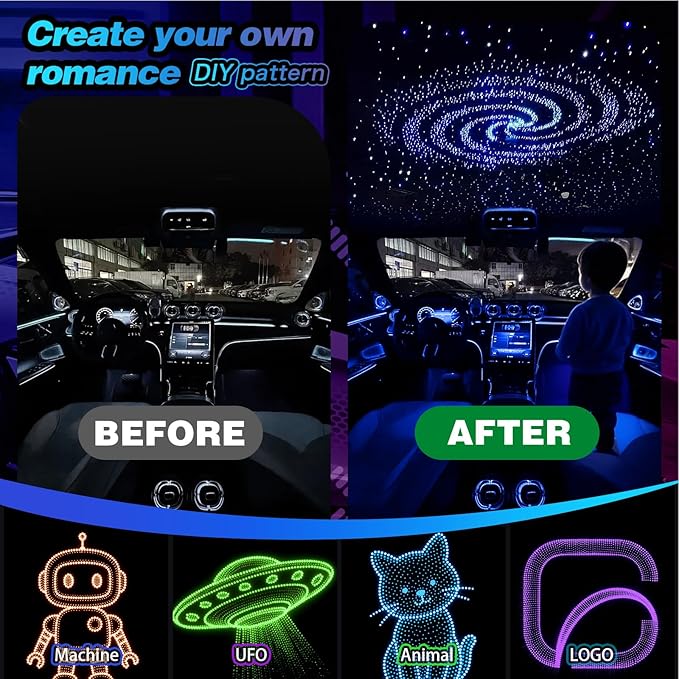 Split Starlight Headliner Kit - 1600pcs 0.02in 4.9ft Fiber Optic RGBW Star Lights for Car with 8 Light Heads 16W Engine Easy to Hide,Flexible Wiring,APP/Remote Control for Car Roof Ceiling