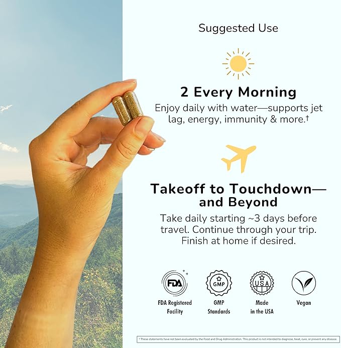 Supplement 2 Pack: Jet Lag Prevention + Ashwagandha, Rhodiola, D3+ for Immune Support, Energy, Digestive Health | Airplane Travel Essentials Multivitamin | Vegan | 120 Count