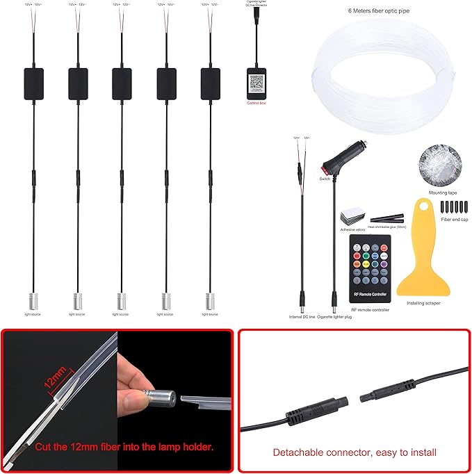 Car Interior Ambient Lighting Optic Fiber RGB 64 Colors Multicoloured Music Car Footwell Lighting Kit with Cigarette Lighter and App Microphone, DC 12V-24V 1W 6m
