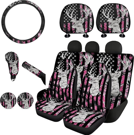 FKELYI Universal Car Seat Covers Set Pink American Flag Camo Deer Hunting Gear Shift Cover/Handbrake Cover/Steering Wheel Cover/Cup Coasters/Headrest Cushion Pads for Women Ladies