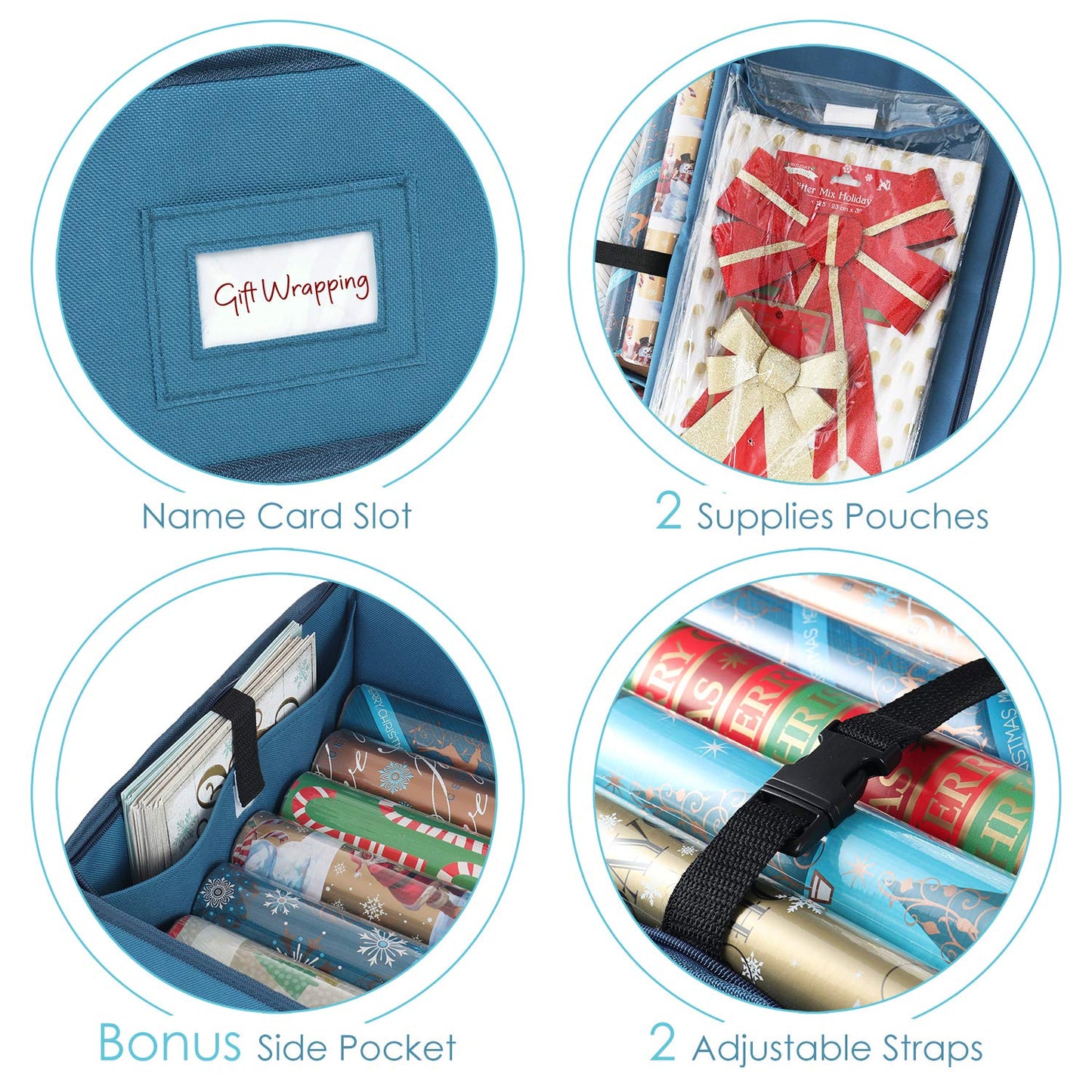 Hearth & Harbor Wrapping Paper Storage Container - Christmas Storage Bag with Interior Pockets - Gift Wrap Organizer Fits Up to 22 Rolls of 40" - Tear Proof, Blue