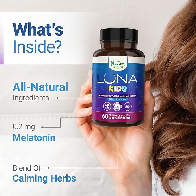 Luna Kids Sleep Aid Tablets for Children 4+ - Naturally Sourced Ingredients - 120 Chewable Tablets - Gentle, Herbal Supplement with Chamomile, Melatonin, Valerian & Lemon Balm