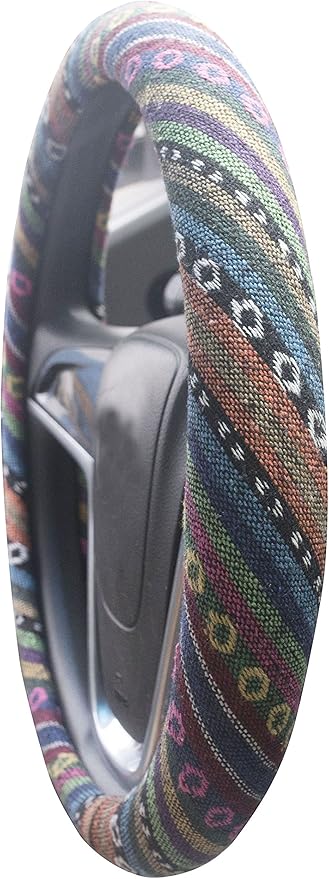 Ethnic Style Coarse Flax Cloth Automotive Steering Wheel Cover Anti Slip and Sweat Absorption Auto Car Wrap Cover (C, 15.25''-16'')