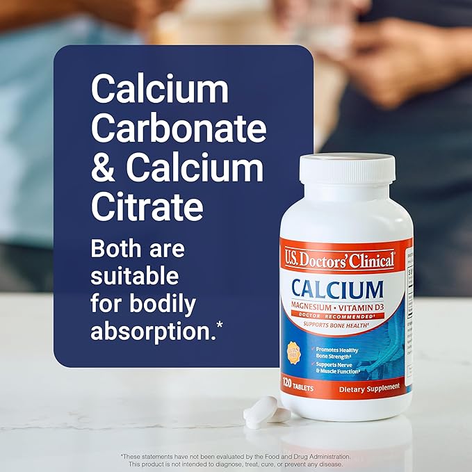 U.S. Doctors' Clinical 1200mg Calcium Citrate & Carbonate Complex with Magnesium & Vitamin D3 - Calcium Supplement for Bone Strength, Muscles & Nerves - Vegan, Non-GMO - 60 Tablets - 1-Month Supply
