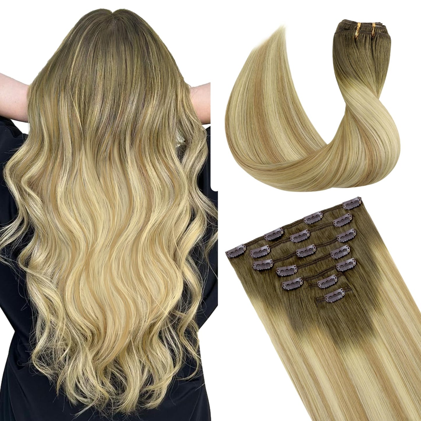 Doores Clip In Human Hair Extensions, Light Ash Brown To Light Blonde Highlighted Golden Blonde 14 Inch120G 7Pcs, Straight Real