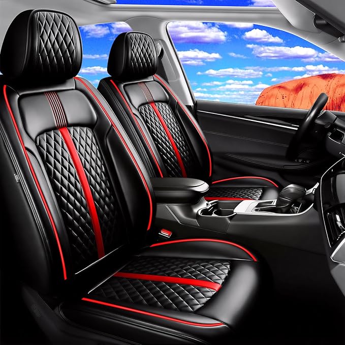 Fit HR-V Car Seat Covers for Select Honda HRV 2016-2025 2026 LX/EX/EXL/Sport - Full Coverage Leather, Waterproof & All Weather Seat Cushion Protector, Full Set, Black with Red Trim