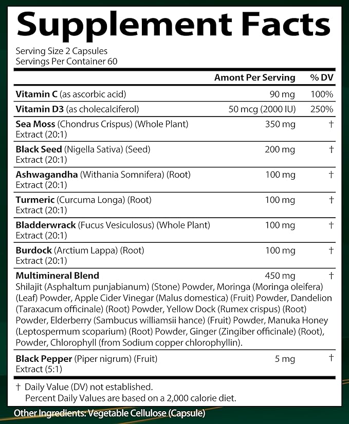 Sea Moss Black Seed Oil Ashwagandha Ginger, Organic Sea Moss Capsules with Burdock Root, Irish Seamoss Pills with Bladderwrack, Turmeric, Shilajit, Multimineral Supplement, USA (120 Capsules)