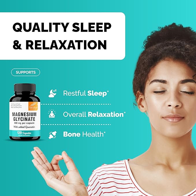 Magnesium Glycinate 400mg Capsules with Quercetin | Quality Sleep, Relaxation, Muscle, Bone Health & Immune Support | 120 Count (Pack of 2) | Easy to Swallow | for Women and Men