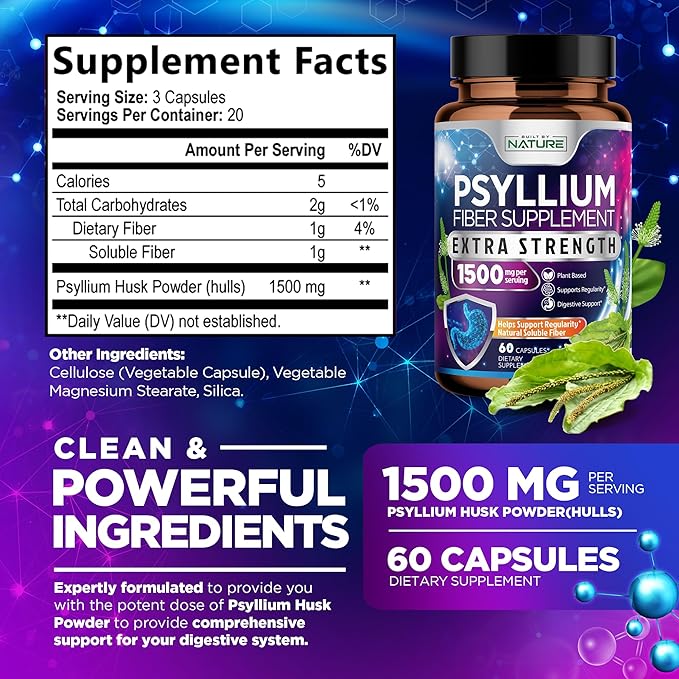 Psyllium Husk Capsules 1500mg - Fiber Supplement - Natural Soluble Fiber Pills with Psyllium Husk Powder - Supports Digestive Gut and Colon Health - Non-GMO, Gluten-Free, Vegan - 60 Capsules