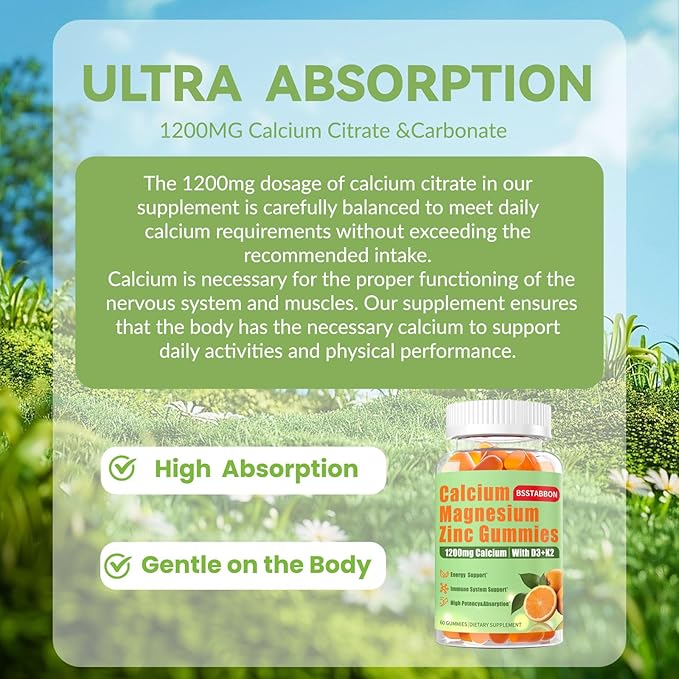 Calcium Magnesium Zinc Gummies for Adult: 1200mg Calcium Citrate 400mg Magnesium Glycinate with D3 B12 - Sugar Free High Absorption Supplement for Women Men (60 Count(Pack of 1))
