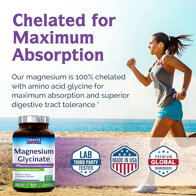 Innate Vitality Magnesium Glycinate 500mg | 70mg Elemental Magnesium Supplement- High Absorption, Non-GMO & No Gluten - Supports Nerve, Muscle, Bone & Heart Health - 240 Vegan Capsules Magnesio