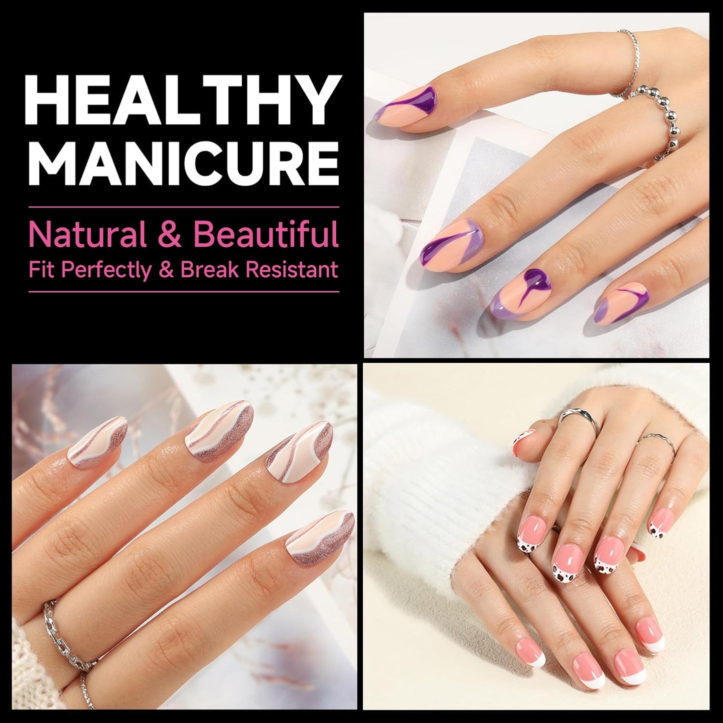 Almond Press-On Nails | 216 Pcs Full Cover Acrylic Tips | DIY Nail Extensions