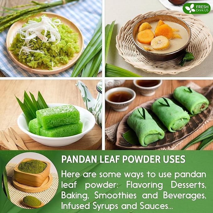 FRESHDRINKUS, Premium 4.5oz Pandan Leaf Powder, 100% Natural and Pure from Pandan Dried Leaves, Emerald Pandan Leaf Powder, Green Food Coloring Powder, No Additives, No Gluten, Vegan.