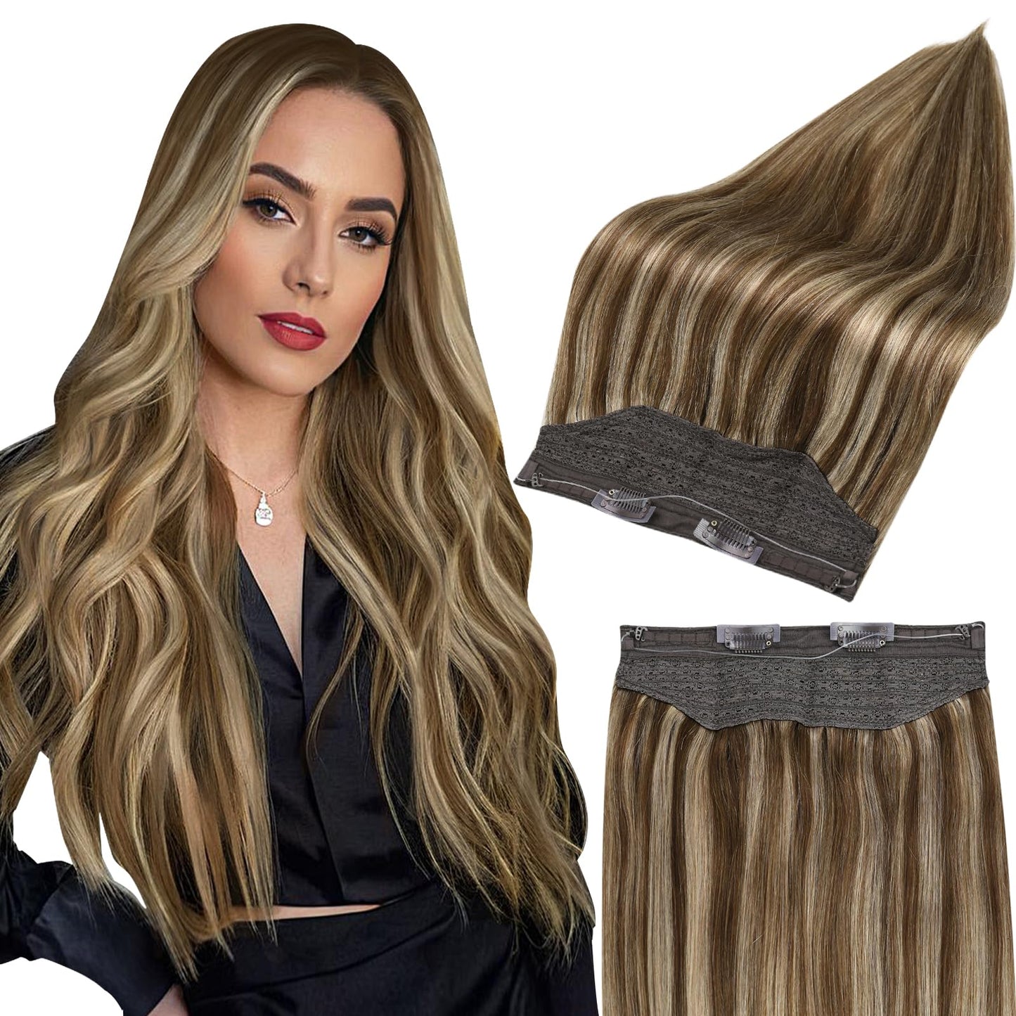 Fshine Wire Hair Extensions Medium Brown Highlight Honey Blonde Hidden Wire Extensions Real Human Hair Adjustable Fishing Line Clip in Extension 16 Inch 100G