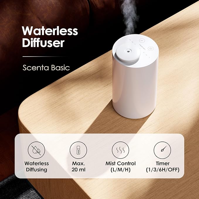 Airversa Waterless Essential Oil Diffuser Starter Kit with 30mL Hotel Fragrance Oil Inspired by Blagio, Battery Operated Car Diffuser, Portable Aroma Nebulizer for Home Car Office, AN6Kit-D, White