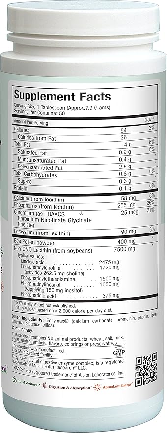 Maxi Health Lecithin & Bee Pollen - Brain, Energy and Digestion Support - 14 Oz Powder - Kosher