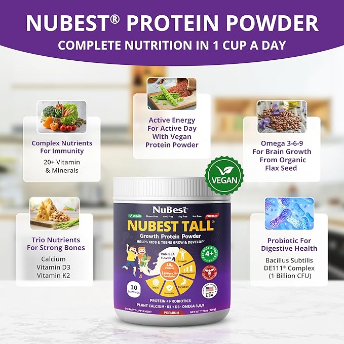 NuBest Tall Protein Powder for Kids & Teens - Vegan Vanilla Protein Powder Shake with Organic Red Algae Calcium, Probiotics, Omega 3-6-9, Vitamin D3 + K2 & Magnesium from Marine Algae - Pack 4