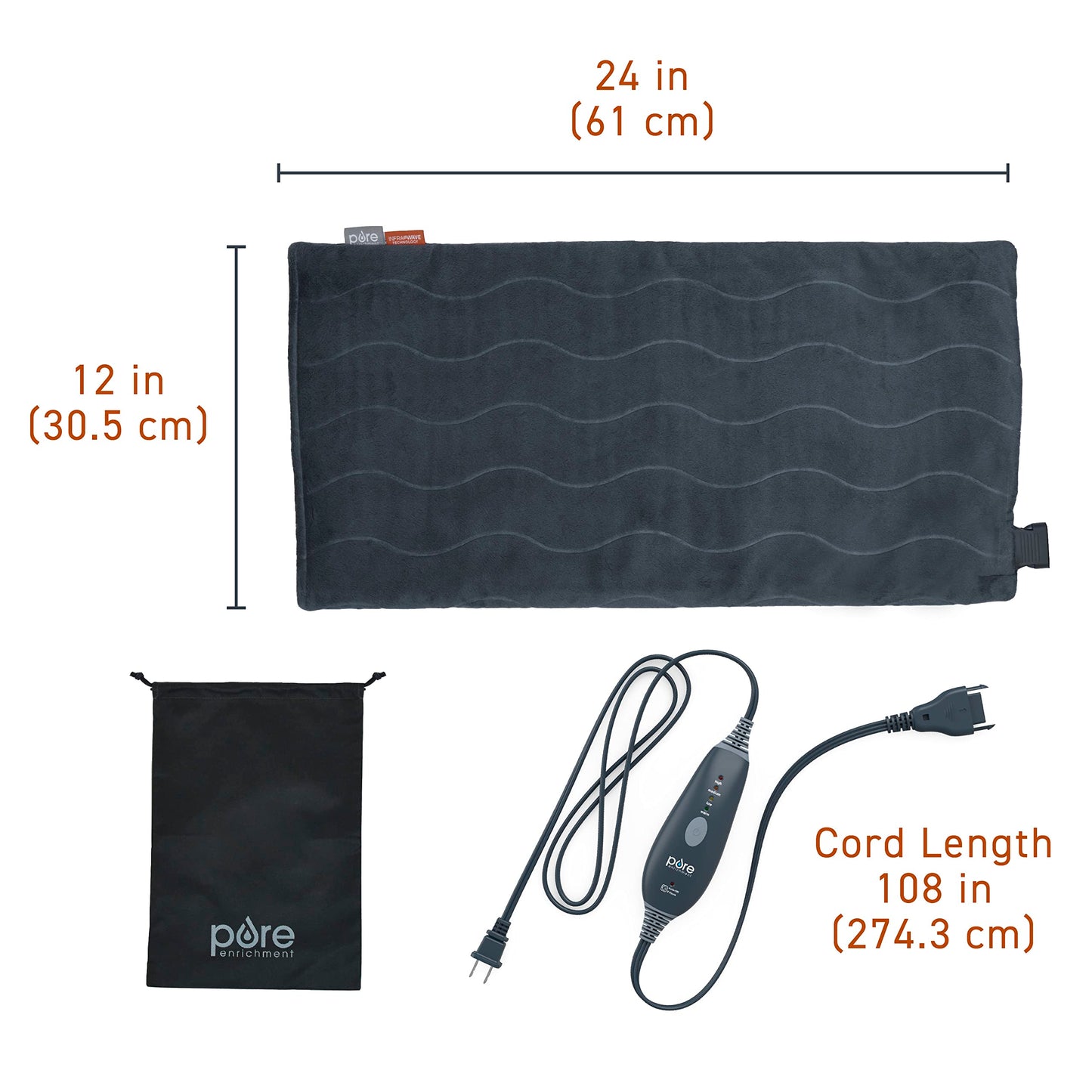 Pure Enrichment PureRelief Pro Far Infrared XL Heating Pad - Muscle Relief for Back, Neck, Shoulder, & Knee Pain in Athletes, 4 Heat Settings, Dry/Moist Heat, 12” x 24” Extra-Long Size (Iron Gray)