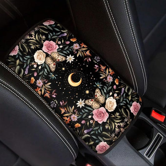 Butterfly Floral Car Center Console Armrest Cover Pad, Easy to Install Automobile Armrest Covers for Trucks Van SUV