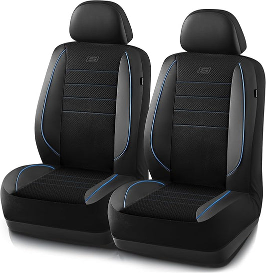 Skechers Air-Cooled Memory Foam Seat Covers,Mesh Thick Car Seat Covers,Piping Leather Car Seat Covers Front Seats,Airbag Compatible,Automotive Comfort Universal Fit Most Cars,Vans,Truck,SUV,Blue