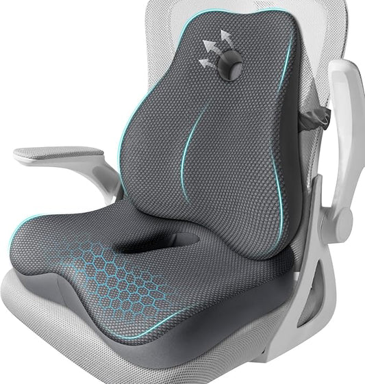 Seat Cushion,Lumbar Support Pillow for Office Chair,Memory Foam Coccyx Seat Cushion,Ergonomic Mesh Back Support Pillow,Office Desk Chair Cushion for Sciatica,Back&Tailbone Pain Relief,Grey