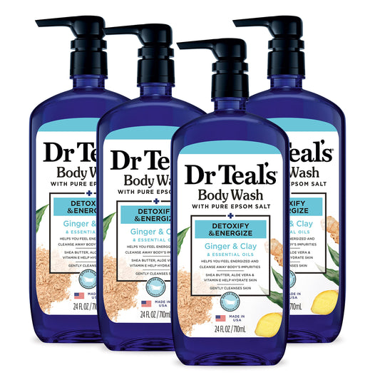 Dr Teal'S Body Wash With Pure Epsom Salt, Detoxify & Energize With Ginger & Clay, 24 Fl Oz (Pack Of 4)