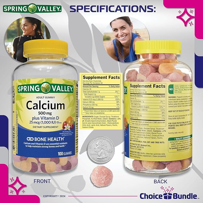 Spring Valley Calcium 500 mg Plus Vitamin D 25 mcg Bone Health Dietary Supplement Gummies, 100 Ct 4 pk (400 Total) + Vitamin Guide and Pill Container (6 Items)!