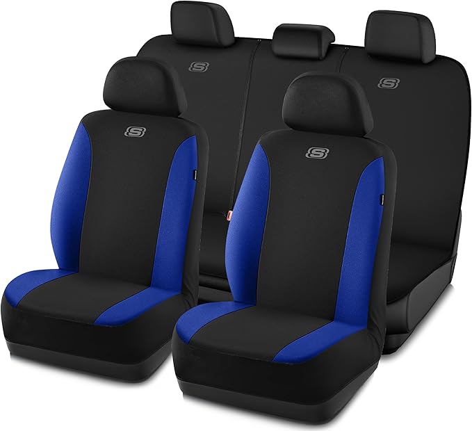 Skechers Seat Covers, Premium Breathable Polyester Car Seat Covers, Car Seat Covers Full Set Airbag Compatible, Automotive Comfort for Most Cars, Vans, Trucks, SUVs (Full Set,Blue)