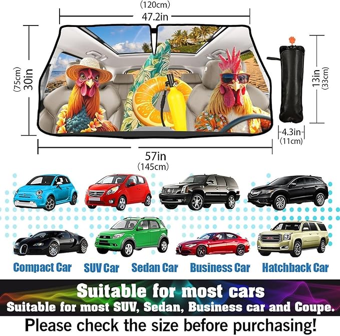 CHILL·TEK Funny Animal Car Windshield Sun Shade Umbrella, Funny Rooster Car Sun Shade Umbrella, Block UV Rays Heat Foldable Windshield Umbrella Sun Visor Protector - Keep Vehicle Cool for Cars SUV
