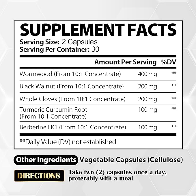 Satoomi 5 in 1 Wormwood Capsules Supplement - Extracted from Black Walnut, Whole Cloves, Turmeric and Berberine HCl - Immune System & Digestion Health - 60 Capsules
