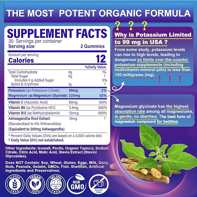 Potassium Magnesium Gummies - Potassium Supplement w/Ashwagandha 200mg, High Absorption Magnesium Glycinate,B6,B12,P-otassium Citrate for Leg Cramps,Muscle,Electroyte for Adults Kids,Sugar-Free,1Pack
