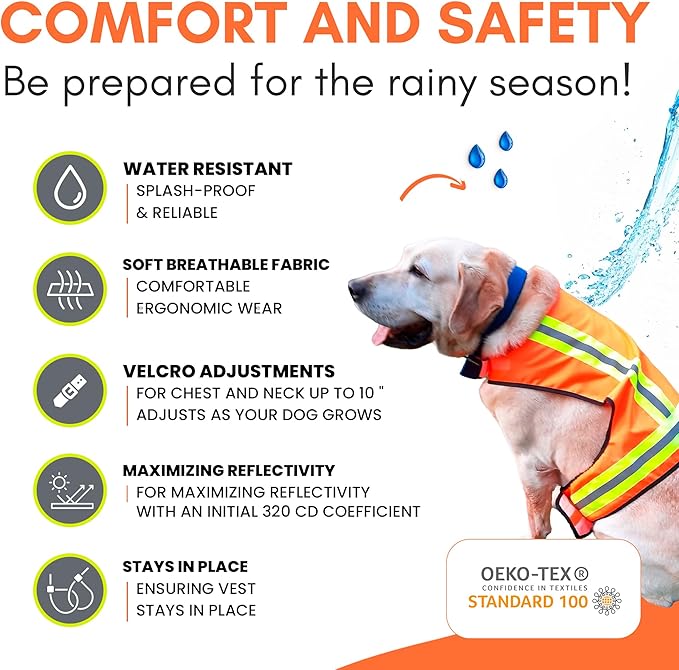 Reflective Dog Vest – Fluorescent Orange | High-Visibility, Water-Resistant Safety Jacket with Adjustable Fit for Day & Night Walks, Hiking, Hunting, and Outdoor Use (Large)