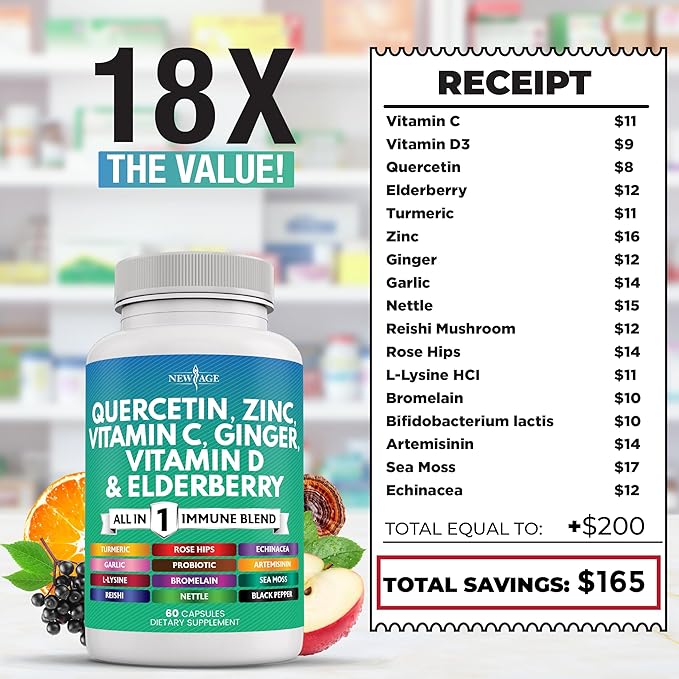 Quercetin Zinc Vitamin C Vitamin D Bromelain Elderberry -Nettle Supplement with Artemisinin, Sea Moss, Echinacea - 120 Count