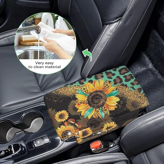 Wanyint Sunflower Leopard Print Green Car Center Console Pad Comfortable Anti-Slip Armrest Cushion with Organizer Pocket Arm Rest Cover Console Lid Protector Cushion Auto Interior Accessories