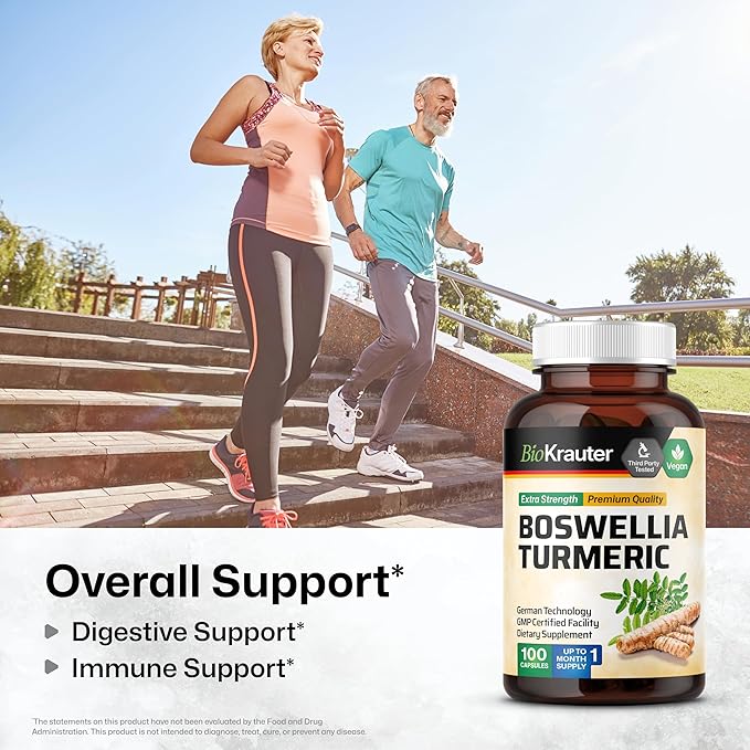BIO KRAUTER Turmeric Supplement with Boswellia Extract Capsules - 2000 mg Blend - 100 Count - Vegan Boswellia Turmeric (Curcumin) - Formula w/Black Pepper