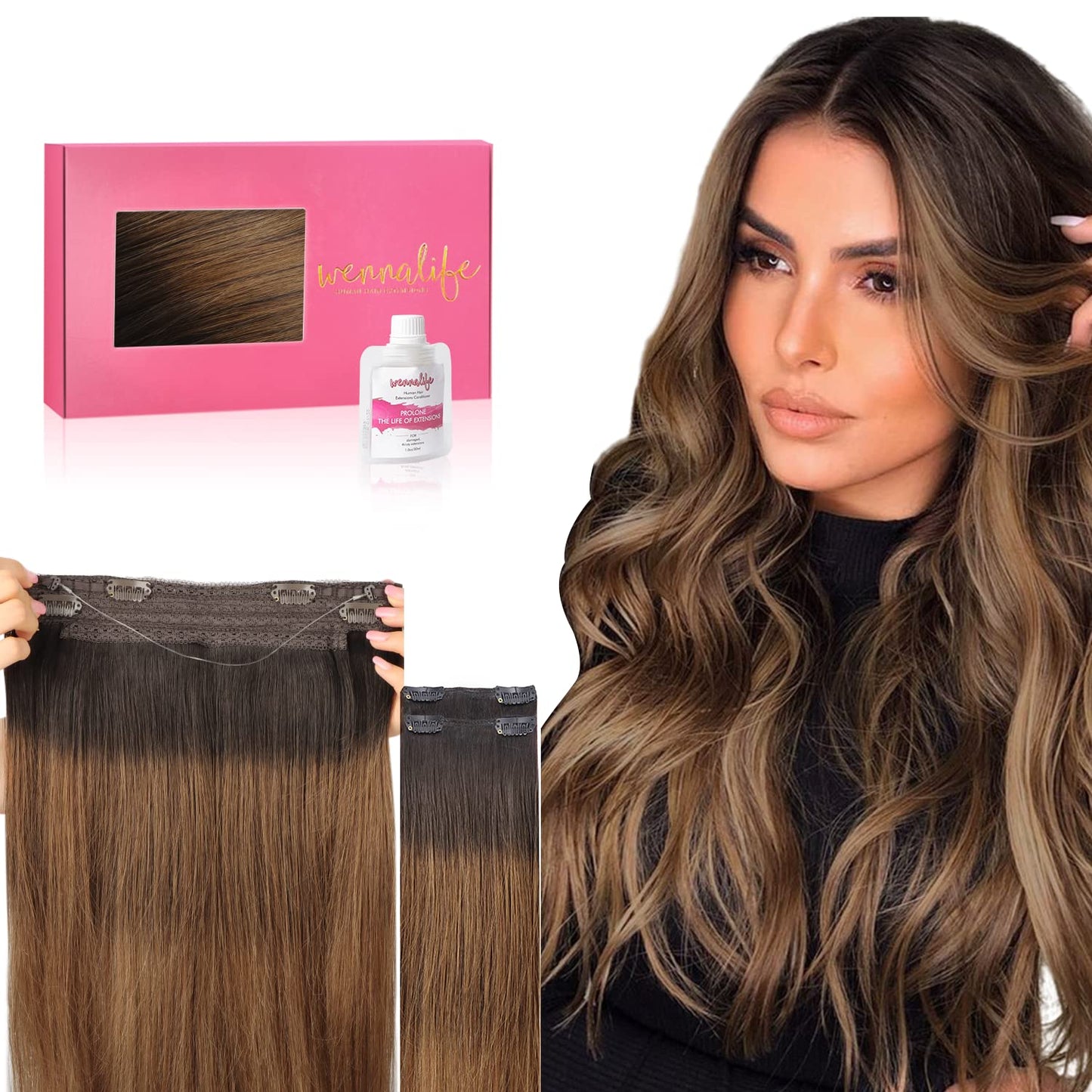 Wennalife Wire Hair Extensions (Increase 50% Lifespan) Real Human Hair 22 Inch 150G Dark Brown To Chestnut Brown And Dirty Blond