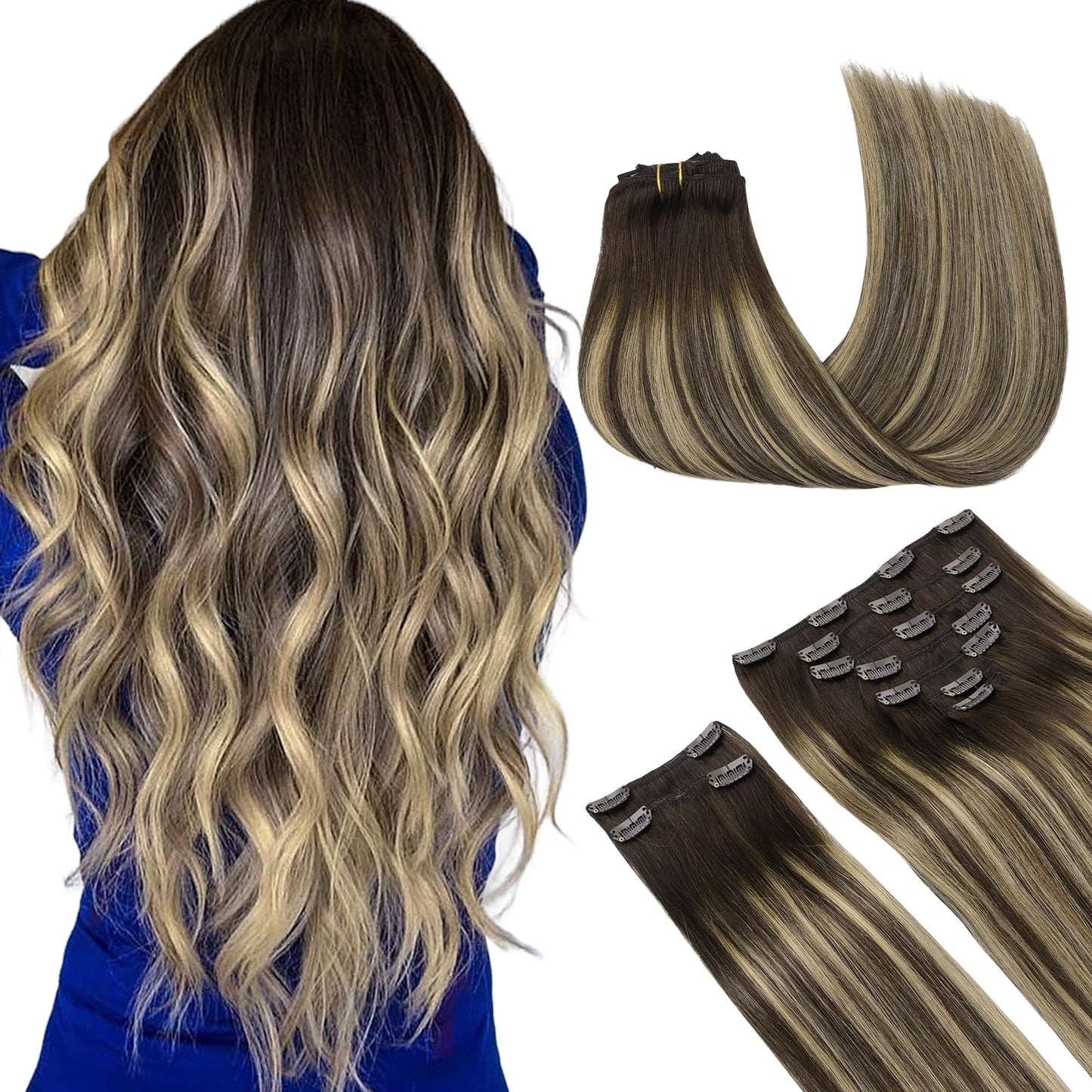 Maxita Human Hair Extensions Clip In,150G 9Pcs Mocha Brown To Bleach Blonde 22 Inch,Hair Extensions Clip In Real Human Hair Remy