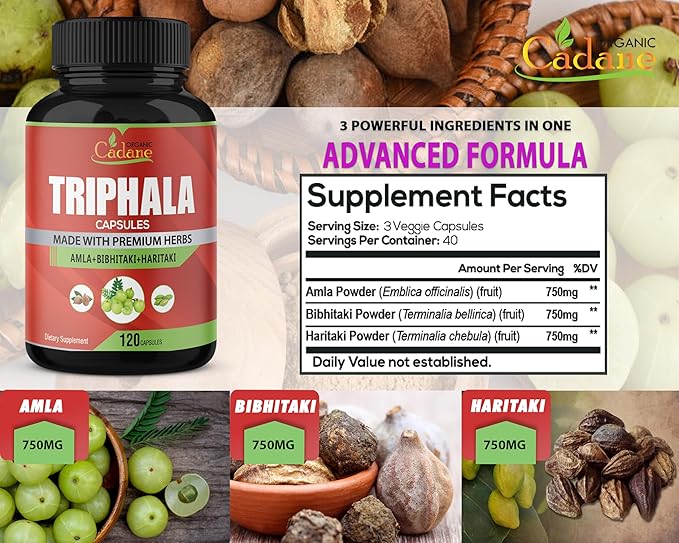 Organic Cadane Triphala (3 Fruit Powders) Supplement, 120 Veggie Capsules | Improves Digestion Function, Supports Immune System