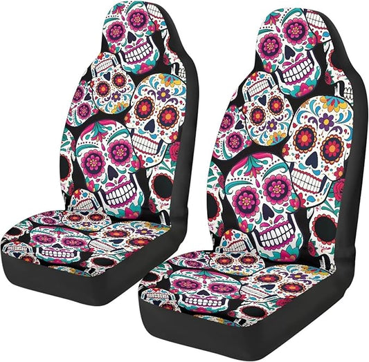 Sugar Skull Car Seat Covers Breathable Front Seat Covers Easy Installation Stretch Polyester Fabric Cover Protection Interior Accessories Universal Fit Most Cars,SUV, Trucks