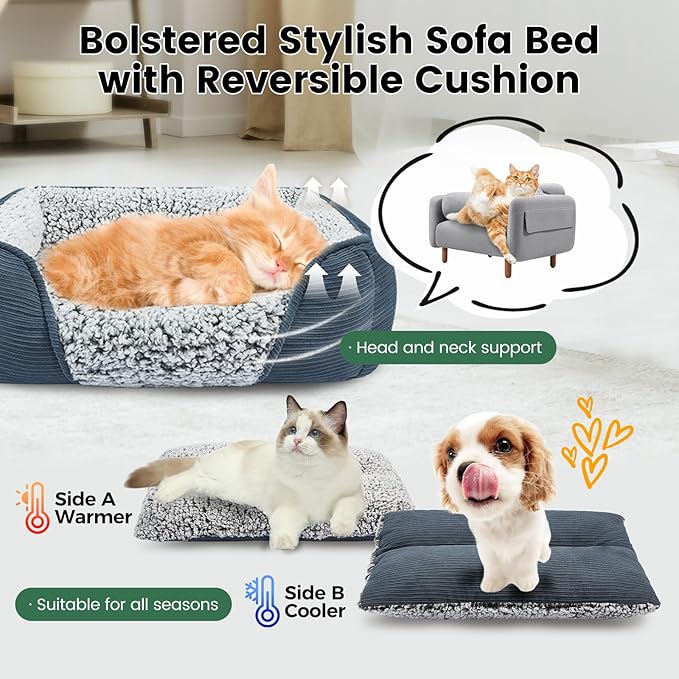 Miguel Washable Cat Beds for Indoor Cats with Removable Cushion, Easy to Wash Small Pet Sofa Bed with Side, Rectangle Bolster Kitten Bed Calming Cuddle Puppy Bed with Anti-Slip Bottom, Blue 18 Inch