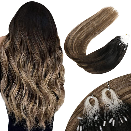 Sunny Hair Black Micro Loop Hair Extensions Real Human Hair 20Inch Micro Ring Hair Extensions Human Hair Black Balayage Dark Bro