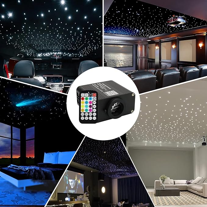 AMKI Updated 16W RGBW Fiber Optic Light Twinkle+Sound Activated Mixed 375pcs 9.8ft Cables APP Remote Music Control Car Home Starlight Headliner Star Ceiling Light Kit 0.03in 0.04in 0.06in Strands