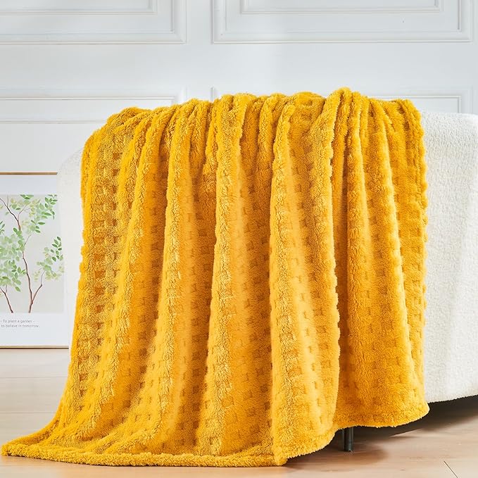 NEWCOSPLAY Super Soft Throw Blanket Yellow Premium Silky Flannel Fleece 3D Waffle Checkered Lightweight Bed Blanket All Season Use (Mustard Yellow, Throw(50"x70"))