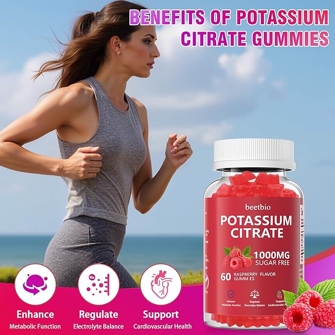 Potassium Citrate Gummies 1000mg, Chewable Potassium Citrate Supplement for Kids & Adults, Support Leg Cramps & Muscle Health, Sugar Free, Vegan, Raspberry Flavor (60Count)
