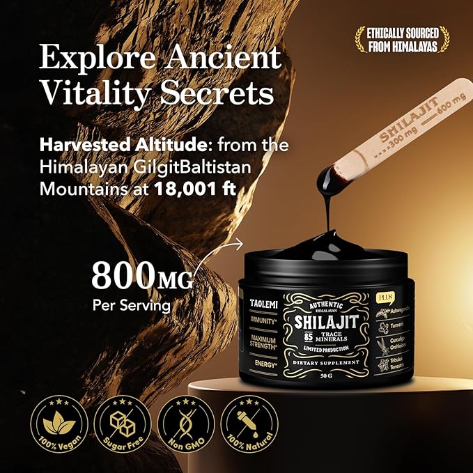 Shilajit Pure Himalayan Organic, Shilajit Resin with 85+ Trace Minerals and Fulvic Acid for Enhanced Energy and Immune, Support Men & Women, Gold Grade, 800MG/time, 60+ Serving 50g Jar