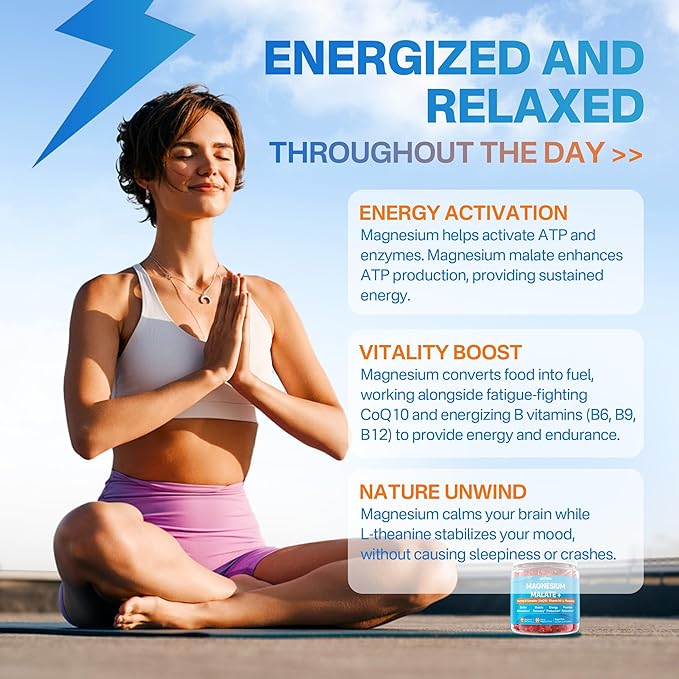 Magnesium Malate Gummies for Adults - Energy, Muscle, Calm & Relax Support - Magnesium 400mg plus CoQ10-100mg, L-Theanine, Vitamin D3, B6, B12 & Folate 5-MTHF, Sugar Free Magnesium Supplement, 2Pack